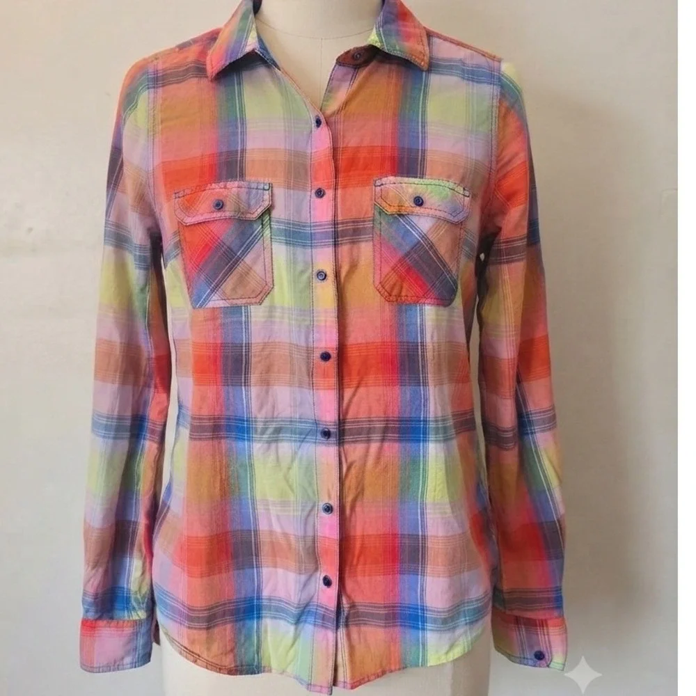 Maurices Womens Plaid Button Down Shirt Multi Color Cotton Long Sleeve Top Sz 0